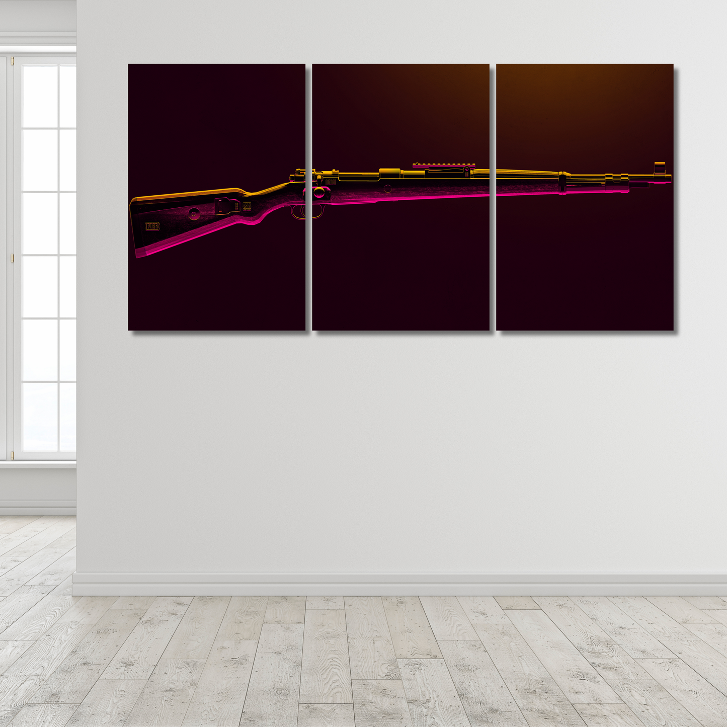 Kar98 Cyber-Glow: 3-Panel Neon Tactical Wall - Premium Metal Poster