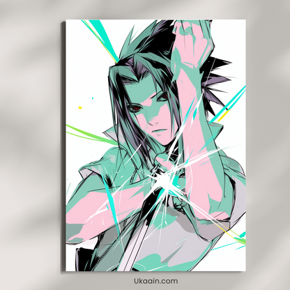 Uchiha’s Retribution: Sasuke Neon Glitch - Premium Metal Poster