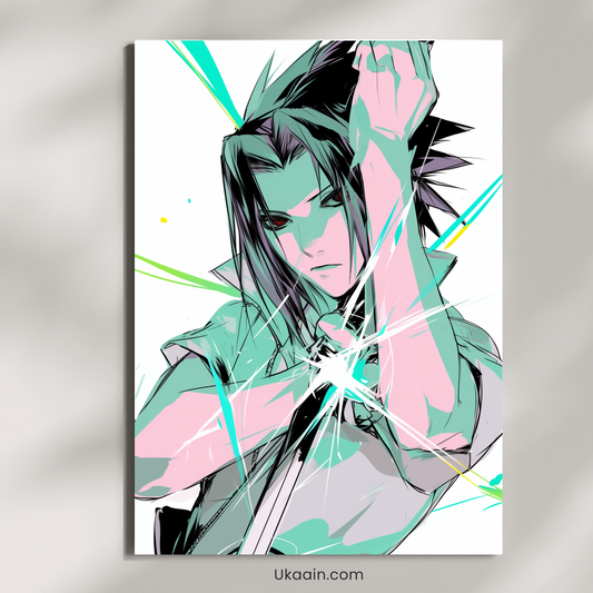 Uchiha’s Retribution: Sasuke Neon Glitch - Premium Metal Poster