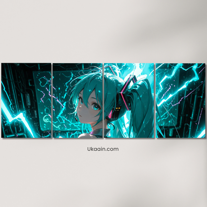 "Cyan Cyber-Pulse: Hatsune Miku Inspired Tech-Anime Canvas" - Premium Metal Poster