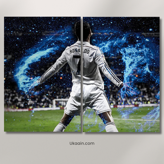 CR7 Galactic Glory: Ronaldo Blue Aura Split Canvas - Premium Metal Poster