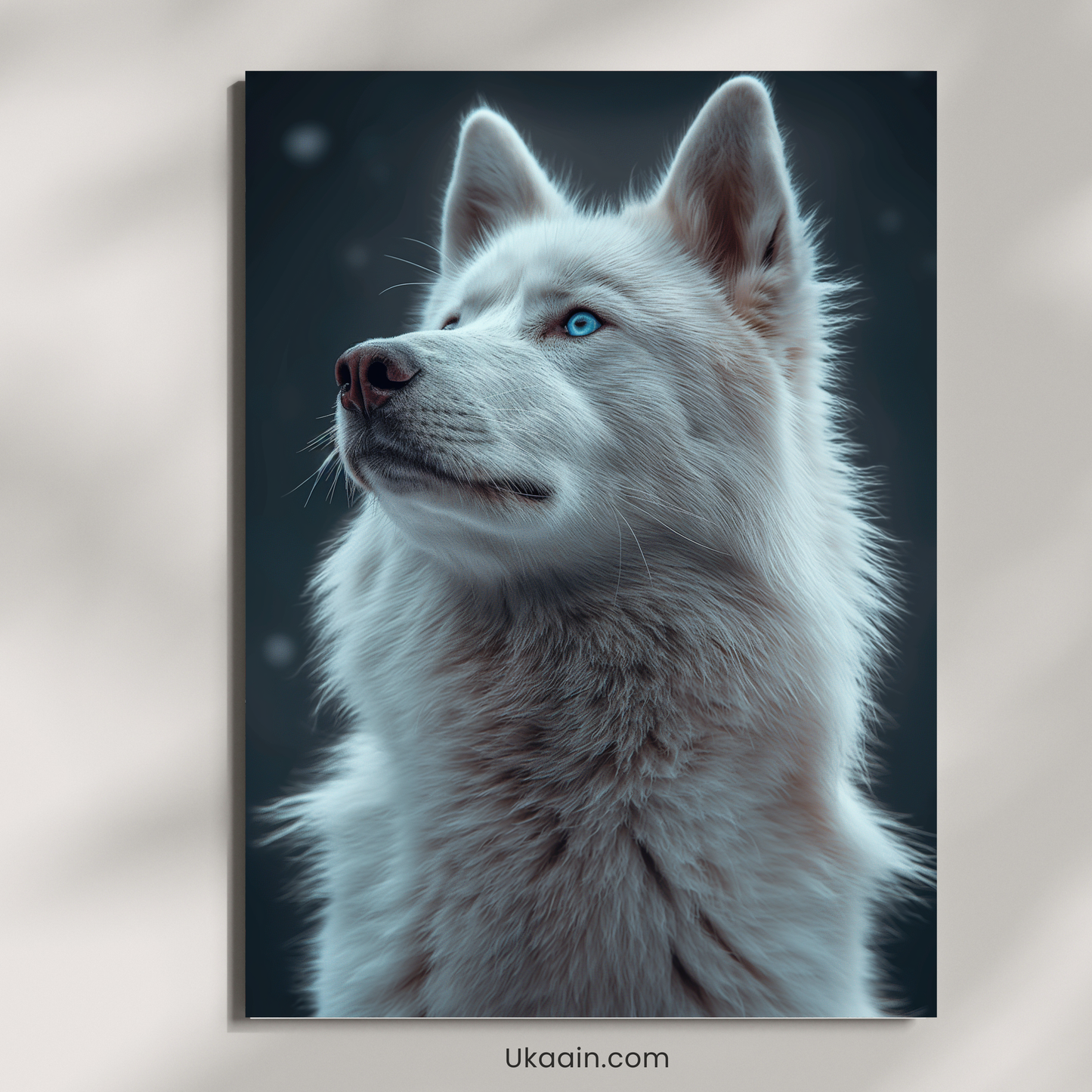 Frost Guardian: Azure-Eyed Arctic Wolf Portrait - Premium Metal Poster