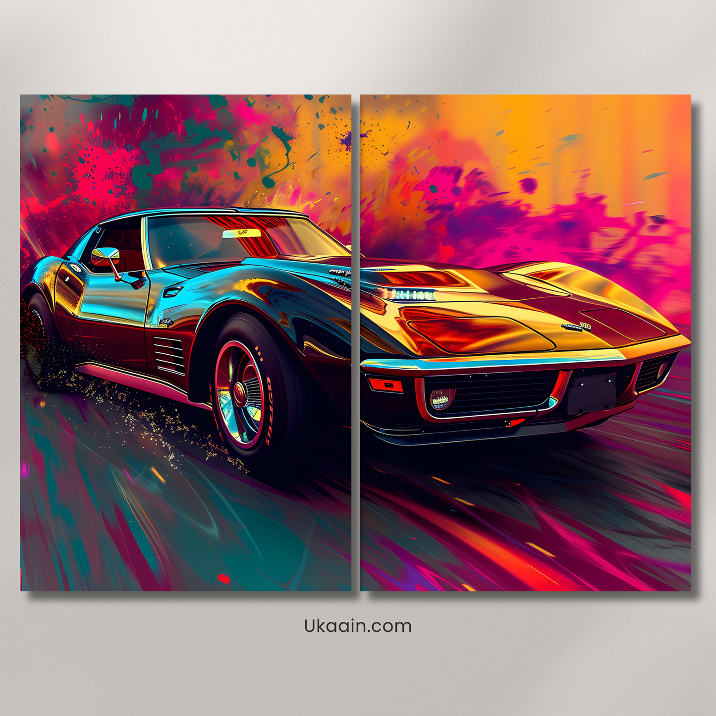 Retro Speedster: Vibrant Neon Abstract Muscle Car Canvas - Premium Metal Poster