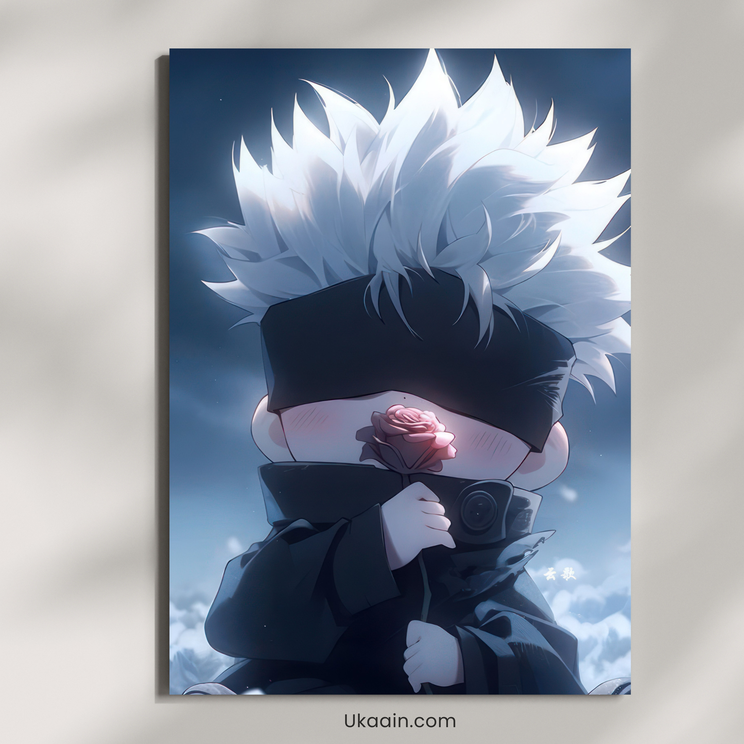 Blossom of Infinity: Chibi Gojo Satoru & Rose - Premium Metal Poster