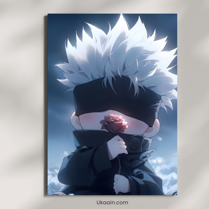 Blossom of Infinity: Chibi Gojo Satoru & Rose - Premium Metal Poster