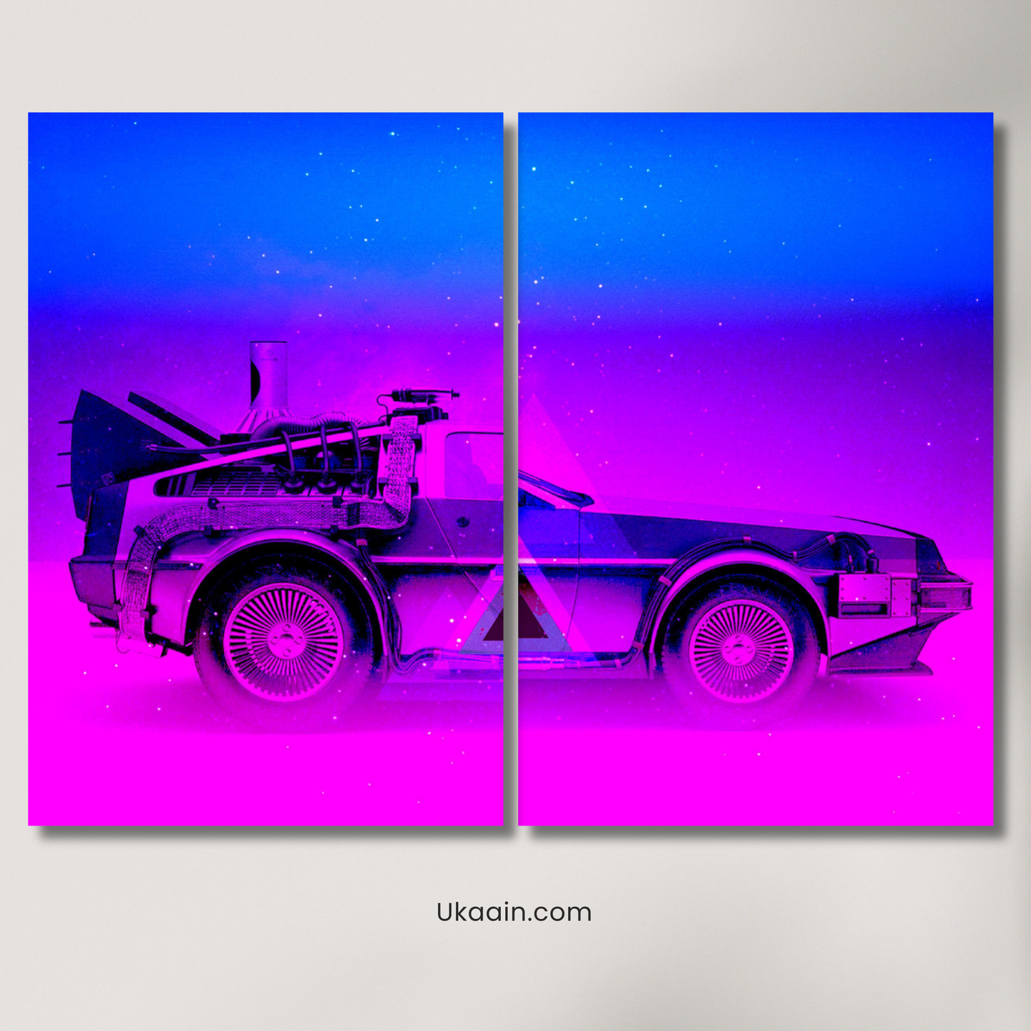 Outatime: Synthwave DeLorean Time-Machine Split - Premium Metal Poster