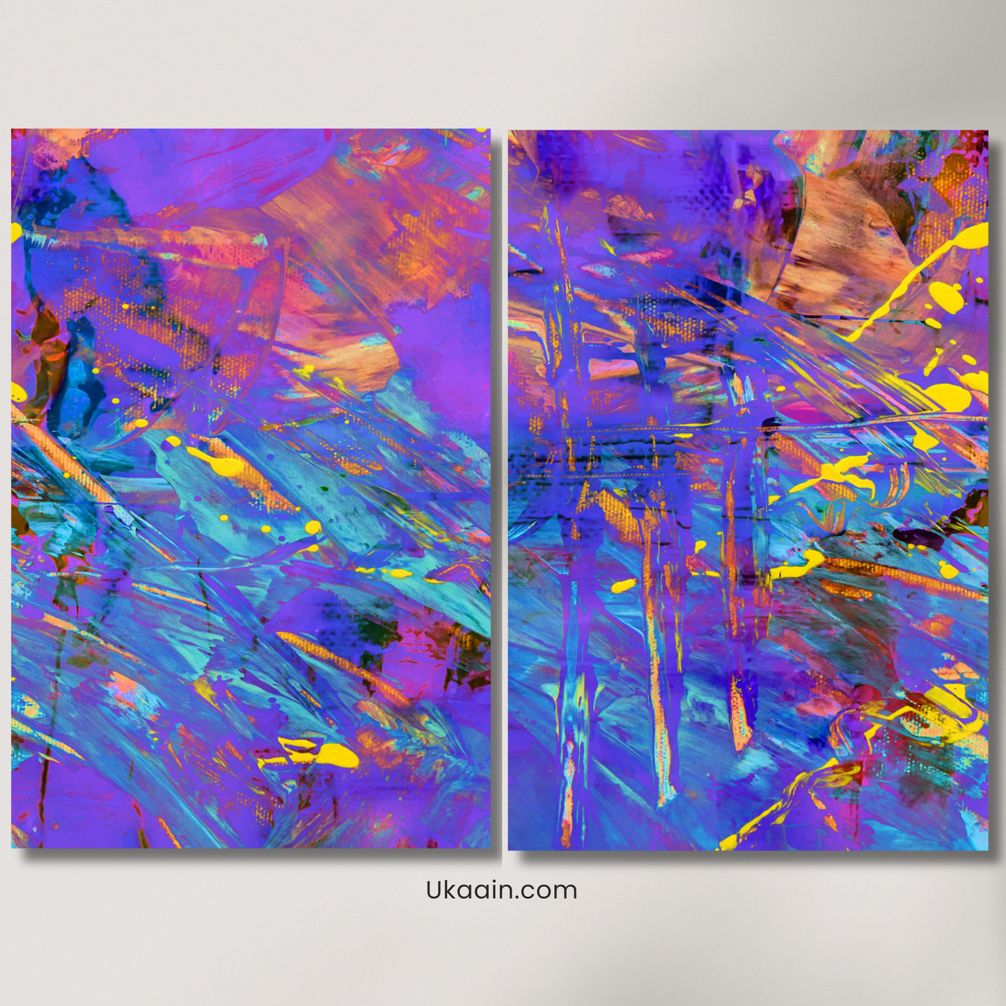 Vibrant Chaos: Purple & Blue Neon Abstract Splatter - Premium Metal Poster