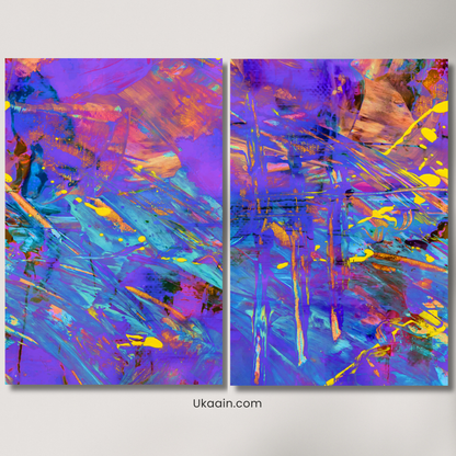 Vibrant Chaos: Purple & Blue Neon Abstract Splatter - Premium Metal Poster