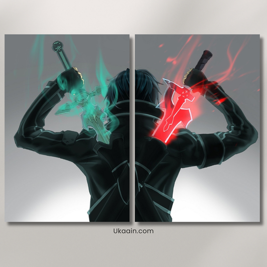 Kirito Dual Wield: Elucidator & Dark Repulser Glow Art - Premium Metal Poster