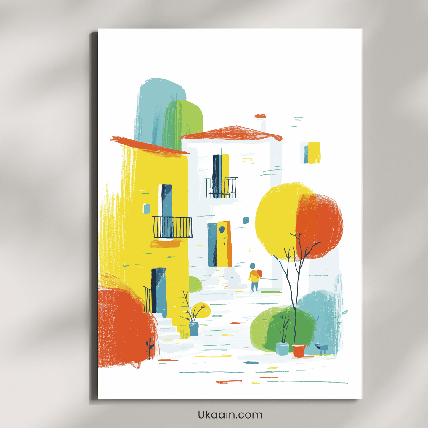 The Colorful Serenity of a Sunlit Town - Premium Metal Poster