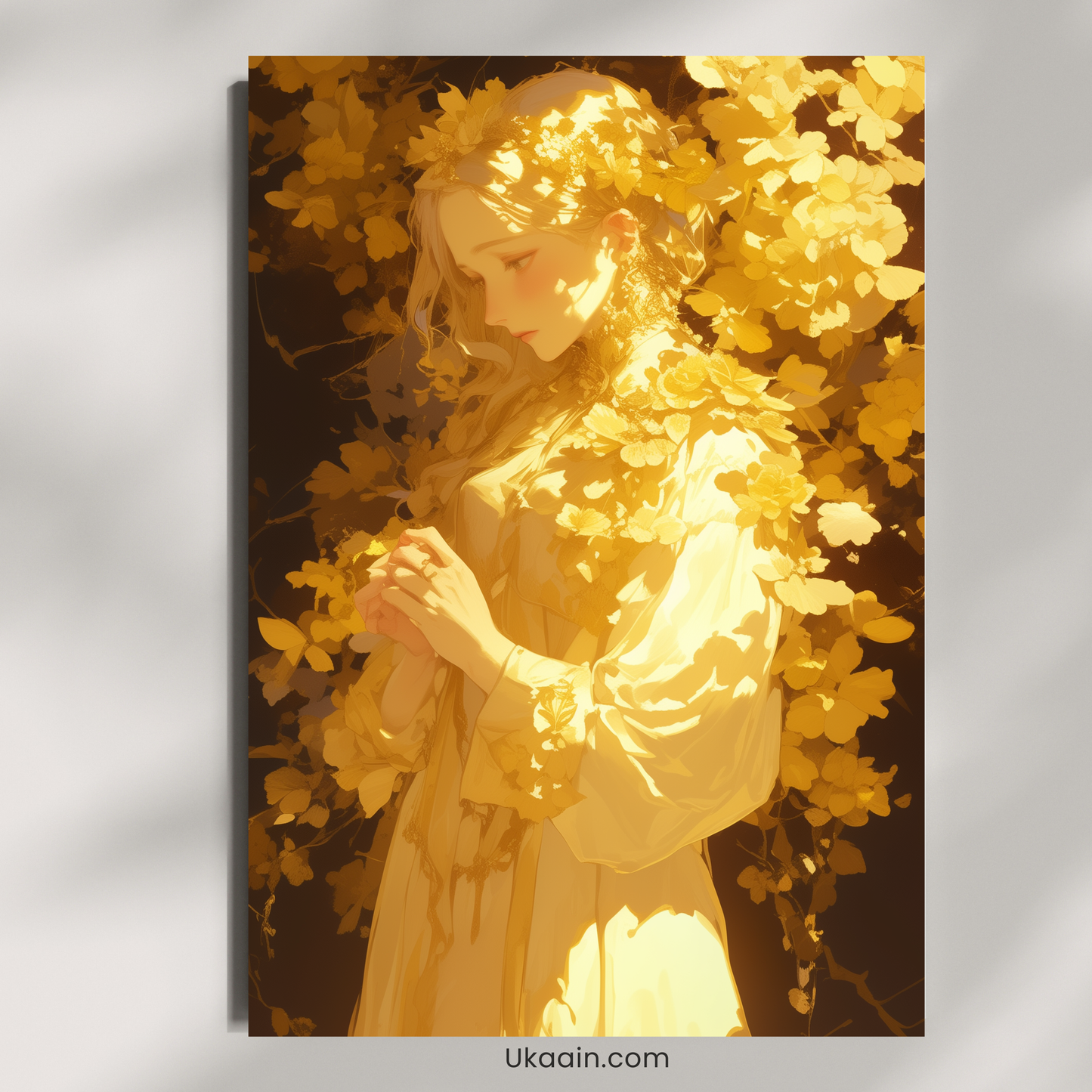 Golden Muse: Sunlight & Blossom Ethereal Portrait - Premium Metal Poster