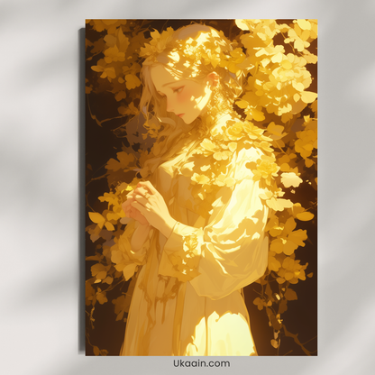 Golden Muse: Sunlight & Blossom Ethereal Portrait - Premium Metal Poster