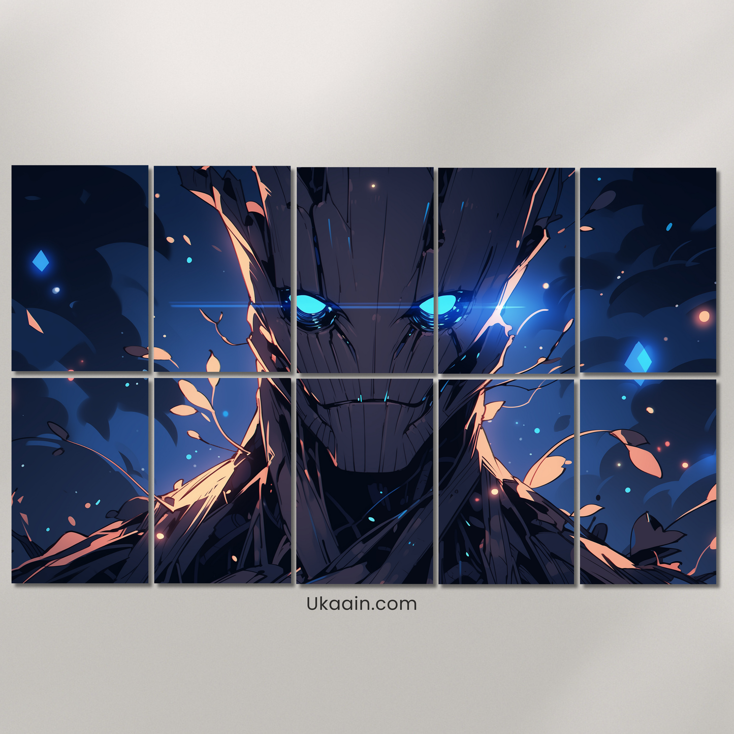 "Neon Guardian: 10-Panel Cybernetic Groot Glow Canvas - Premium Metal Poster