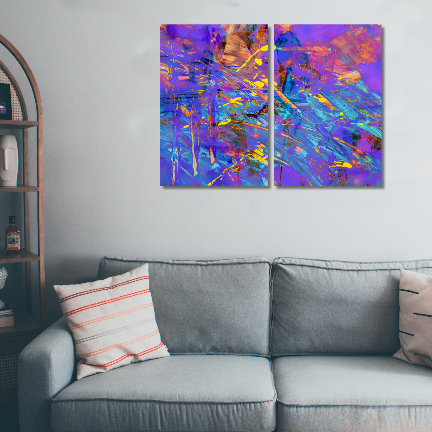 Vibrant Chaos: Purple & Blue Neon Abstract Splatter - Premium Metal Poster