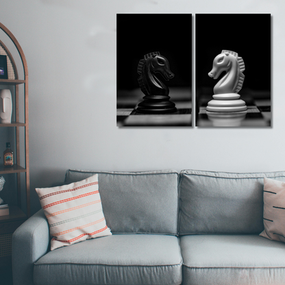 Monochrome Knight Duel: Minimalist Chess Diptych Art - Premium Metal Poster