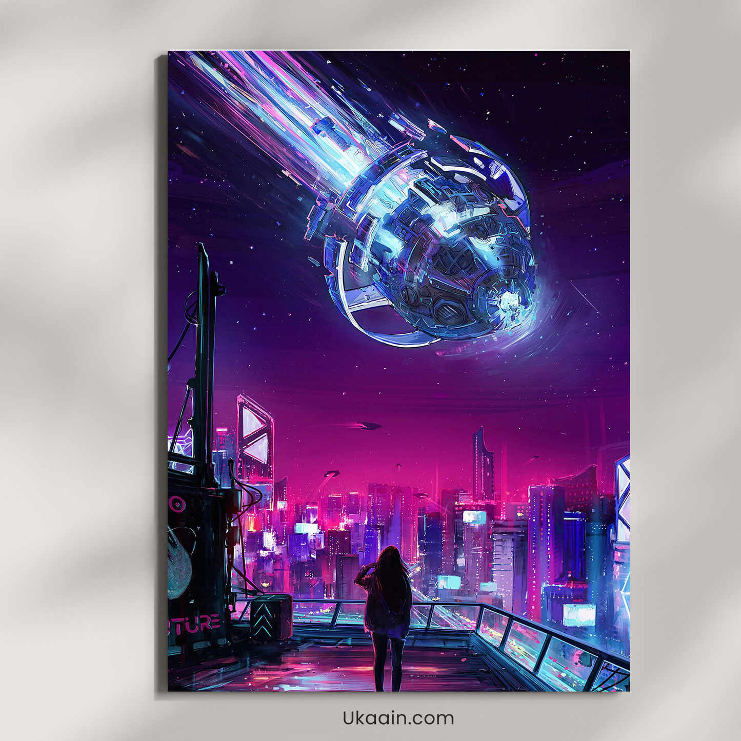 "Neon Descent: Futuristic Cyberpunk Skyline" - Premium Metal Poster