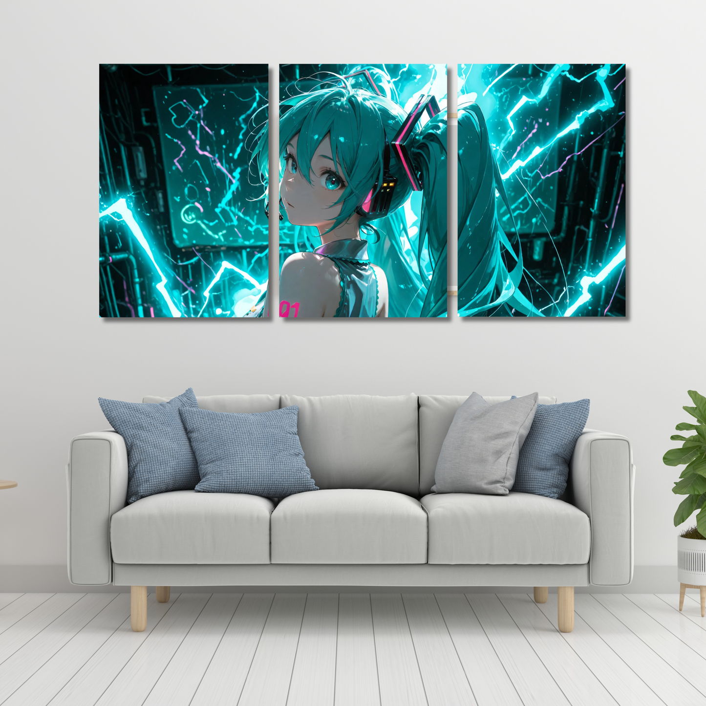 Cyber Diva Pulse: Hatsune Miku Neon Electric Triptych - Premium Metal Poster