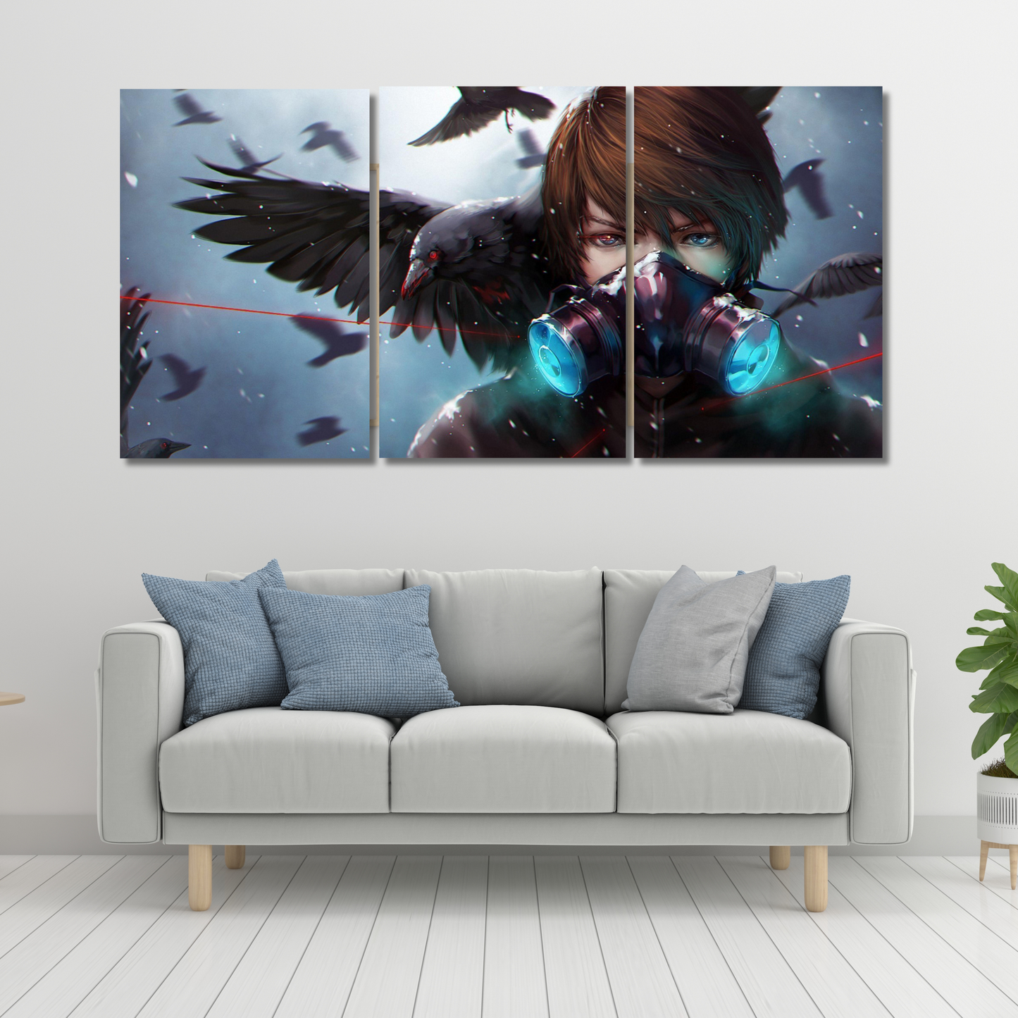 Crow Protocol: 3-Panel Cyber-Gothic Anime - Premium Metal Poster