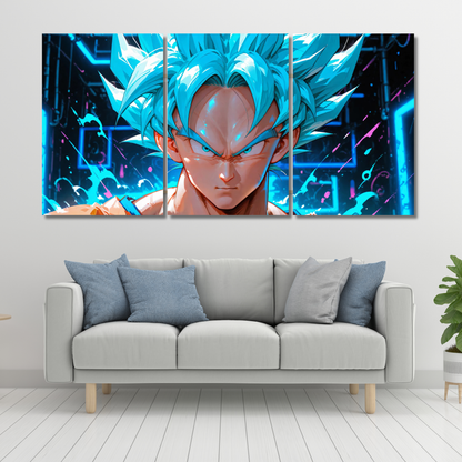 Goku: Azure Saiyan Power: 3-Panel Neon Blue Warrior - Premium Metal Poster