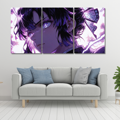 Insect Hashira’s Grace: Shinobu Kocho Purple Butterfly Triptych - Premium Metal Poster