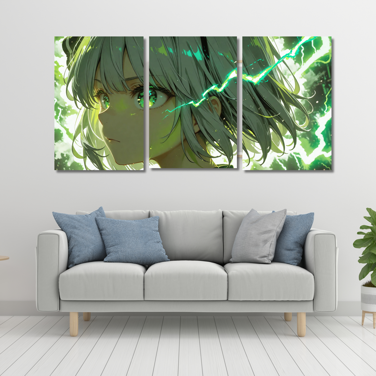 Electric Emerald: 3-Panel Bolt Anime - Premium Metal Poster