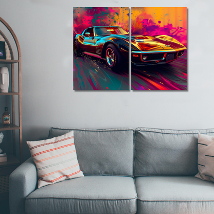Retro Speedster: Vibrant Neon Abstract Muscle Car Canvas - Premium Metal Poster