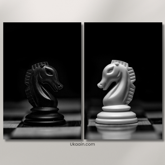 Monochrome Knight Duel: Minimalist Chess Diptych Art - Premium Metal Poster